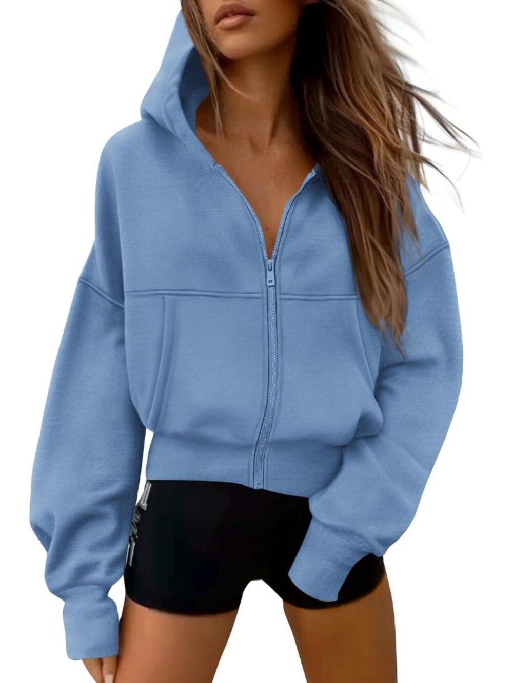 Womens Light Blue Long Sleeve Zip Up Hoodie Casual Fall Fleece Sweatshirt Jacket